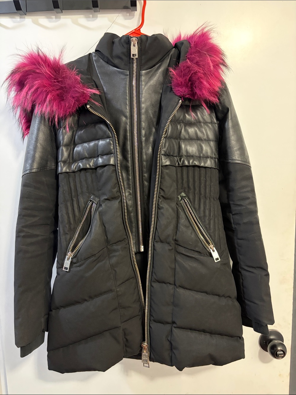 Black Puffer Coat with Magenta Faux-Fur Trim Hood
